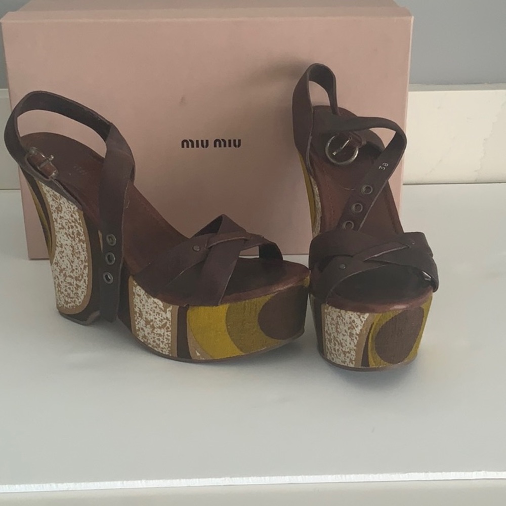 Miu Miu Platform Open Toe Sandals Leather/Fabric - image 1